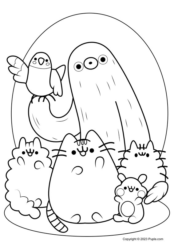 Pusheen, Cheek, Pip, Sloth, Stormy and Bo coloring page for children