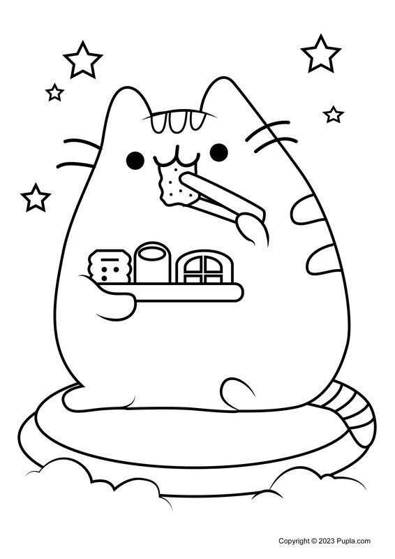 Pusheen Eating Sushi coloring page for children