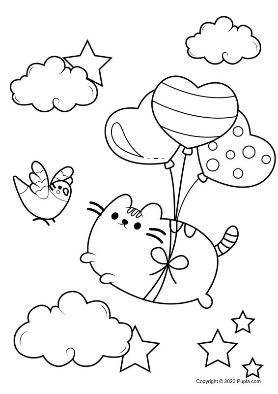 Pusheen Floating With Balloons coloring page for children