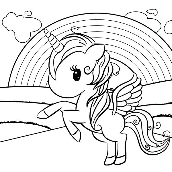 Rainbow Cute Unicorn coloring page for children
