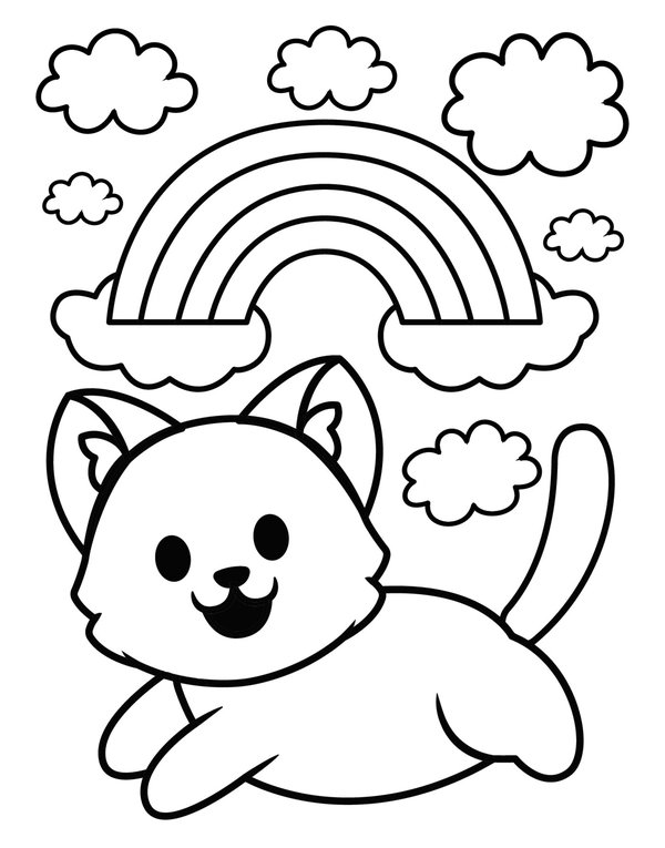Regenbogen mit springender Katze coloring page for children