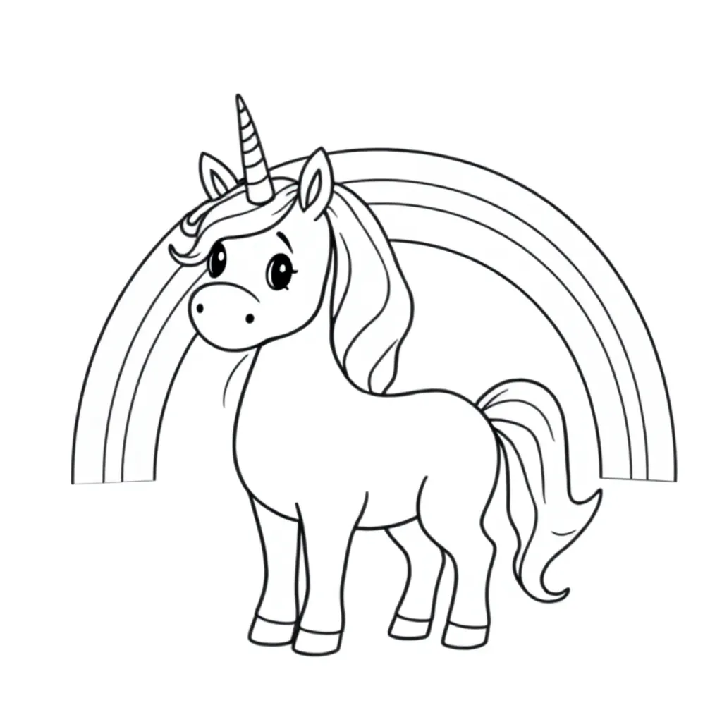 Regenboog, unicorn. De naam: YARA coloring page for children