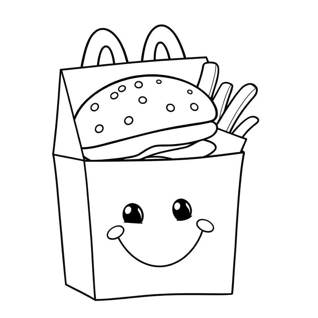 schattig, happy, meal, black, white coloring page for children
