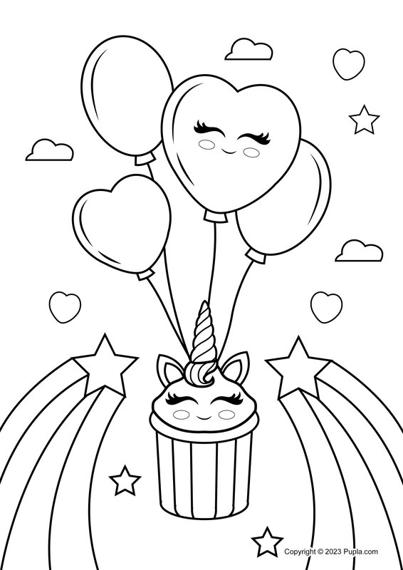 Schattige Eenhoorn Cupcake en Ballonnen coloring page for children