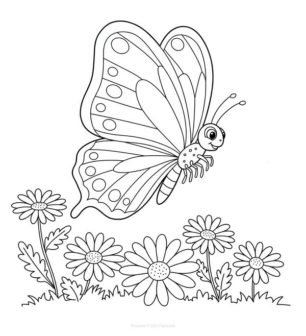 Schmetterling schwebend über Gänseblümchen coloring page for children