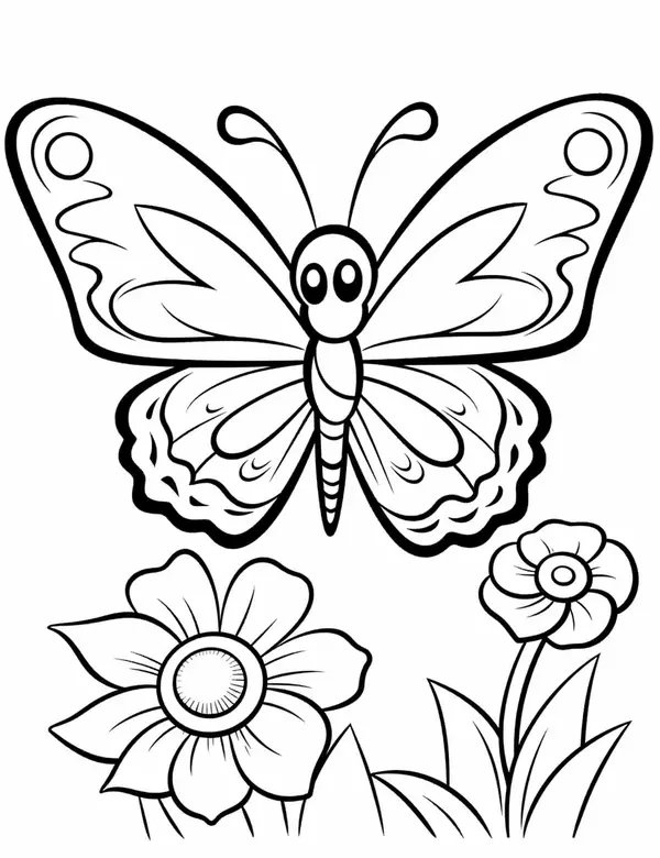 Schmetterling über Blumen fliegend coloring page for children