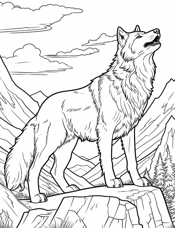 Schöner heulender Wolf in den Bergen coloring page for children