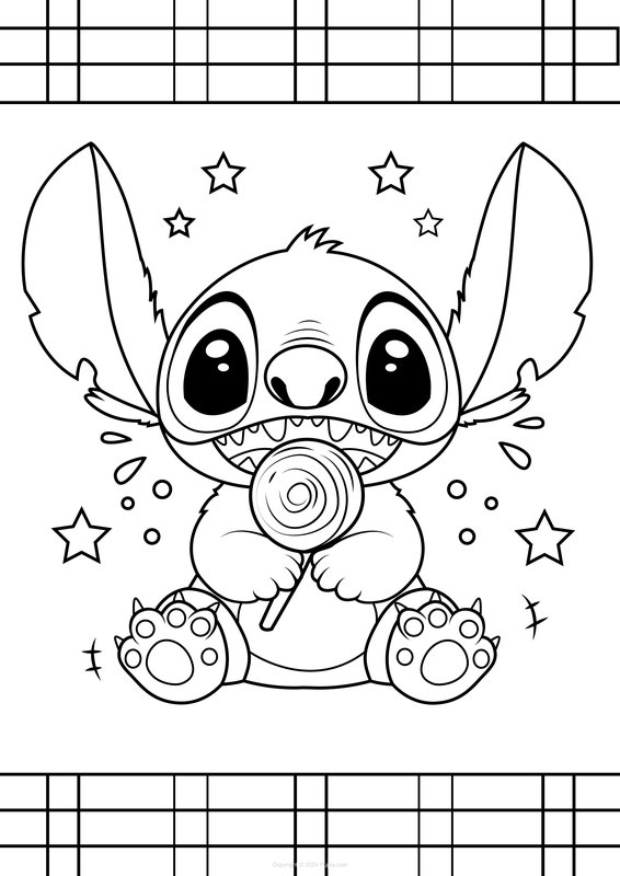 Simpático Stitch comiéndose una piruleta coloring page for children