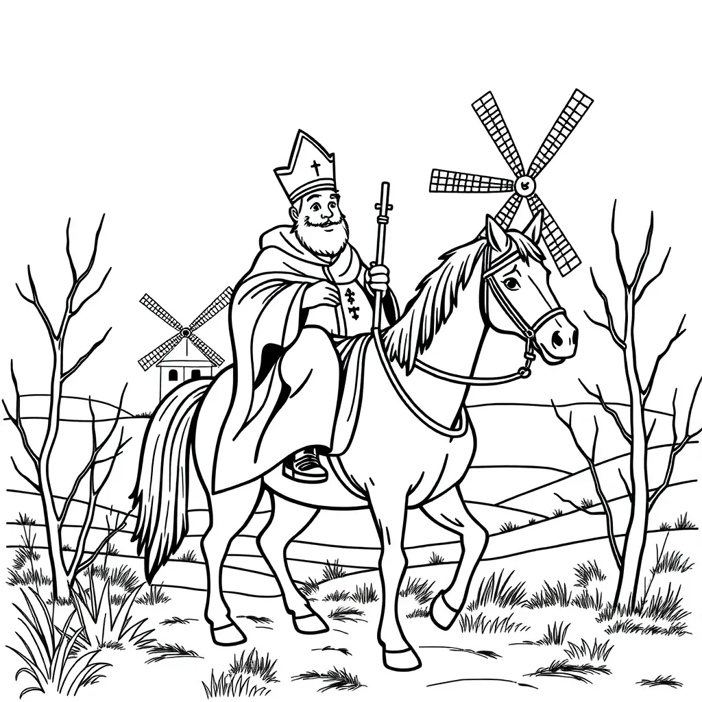 Sinterklaas Bisschop Paard Windmolen Nederlands coloring page for children