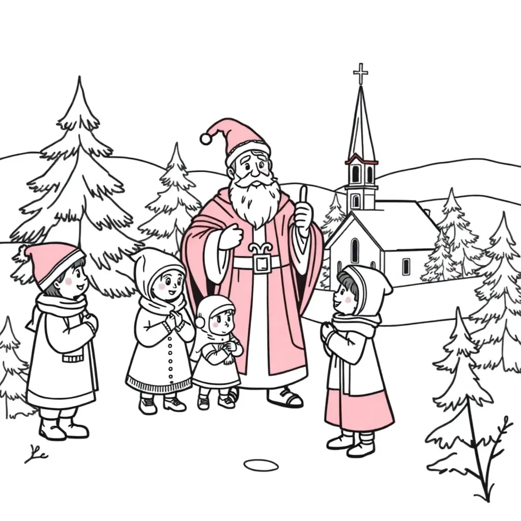 Feuille de coloriage Saint-Nicolas Scénario hivernal Enfants Tradition culturelle Activité festive