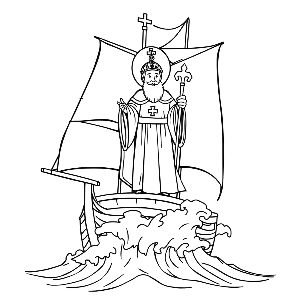 Sinterklaas Zeilschip Bisschopsstaf Golven Religieus coloring page for children