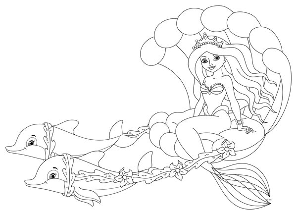 Sirène en calèche avec des dauphins coloring page for children