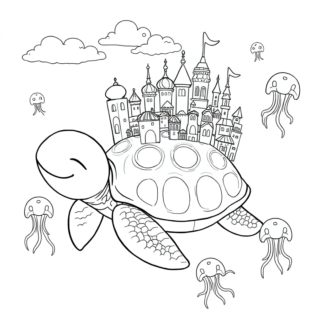 Slapende zeeschildpad met dromenstad en kwallen