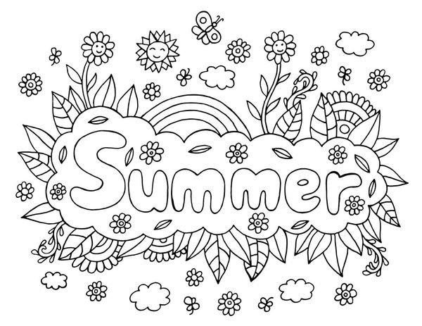 Sommer in Briefen mit Blumen und Schmetterlingen coloring page for children