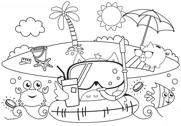 Sommerszene mit Krabben und Fisch coloring page for children