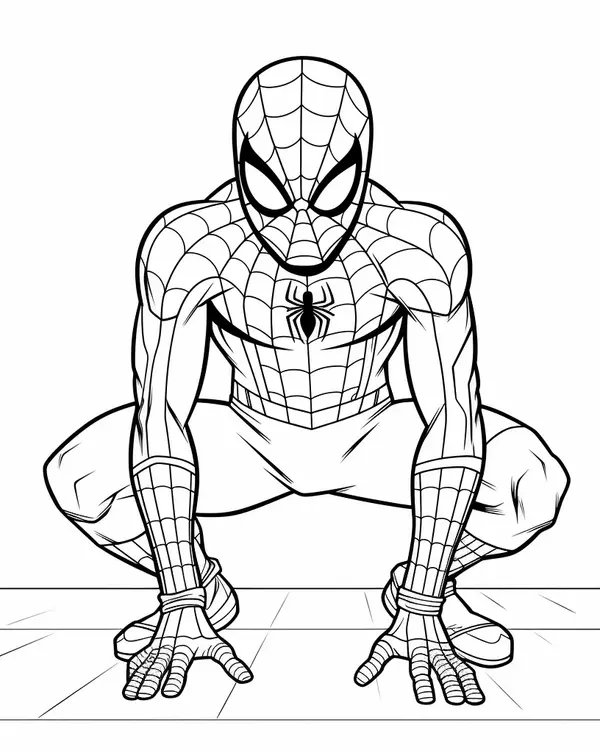 Spiderman A Genoux coloring page for children