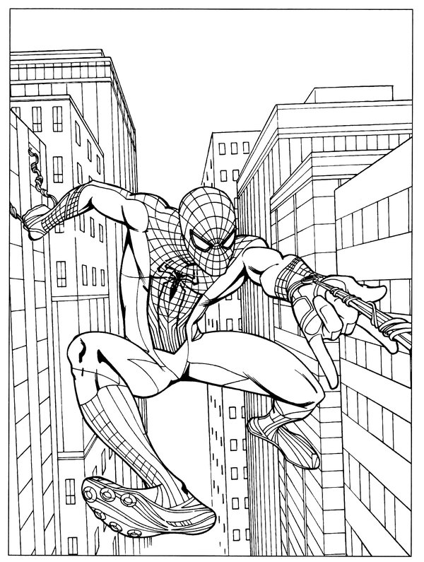 Spiderman Springt Uber Gebaude coloring page for children
