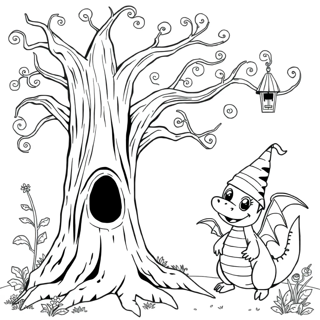 Árbol de cuentos, fantasía, mágico, arte infantil, aventura,  colorear para niños