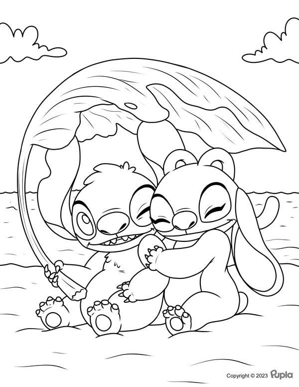 Stitch Angel In Love coloring page for children
