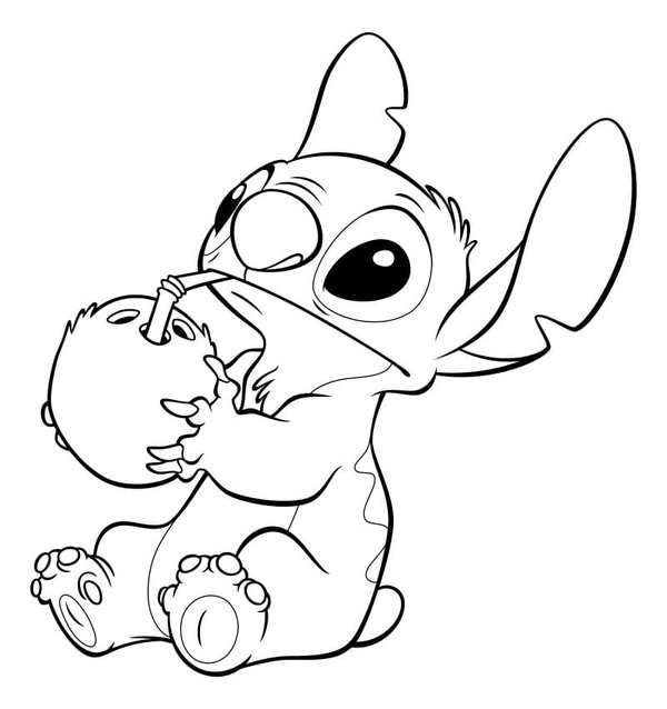 Stitch buvant de la noix de coco coloring page for children