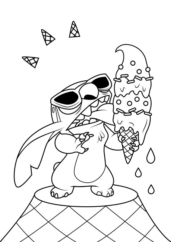 Stitch comiendo un gran helado coloring page for children