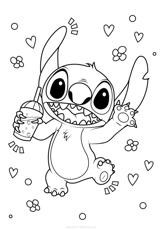 Stitch Drinking coloring page for children