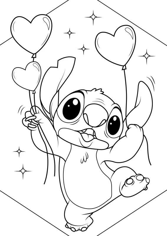 Stitch hält herzförmige Luftballons coloring page for children