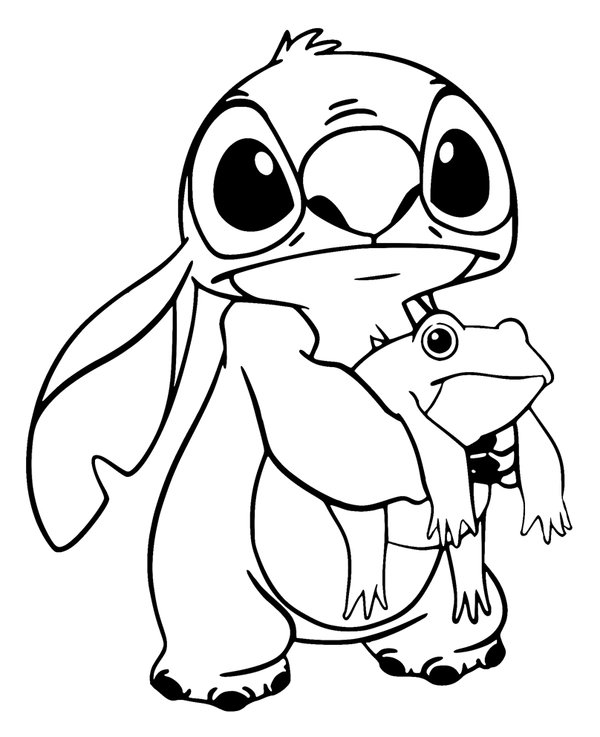 Stitch Holding Frog coloring page for children