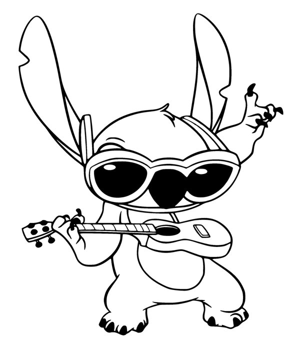 Stitch tocando la guitarra con gafas de sol coloring page for children