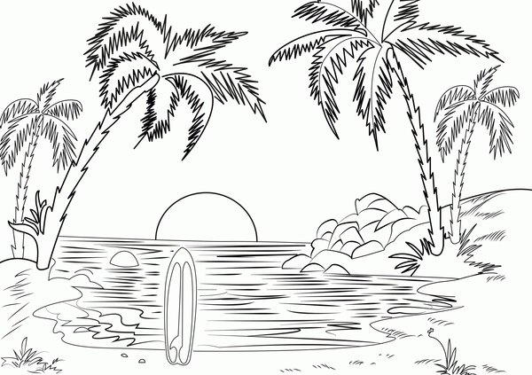 Strand Mit Palmen Und Surfbrett coloring page for children