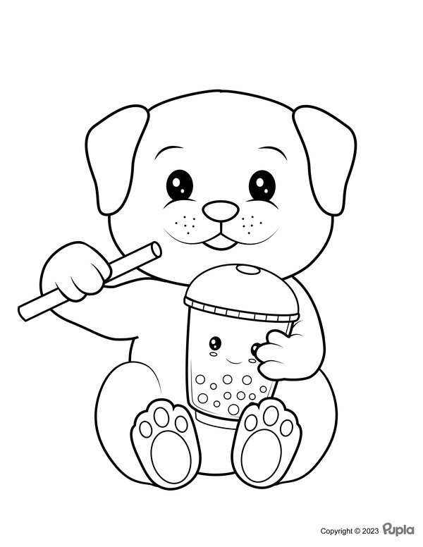 Süßer Hund hält Bubble Tea coloring page for children