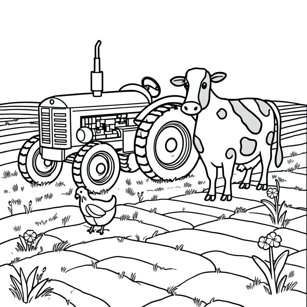 Tractor Cow Field Flower Chicken