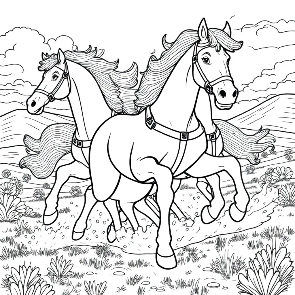 Trekpaarden in galop coloring page for children