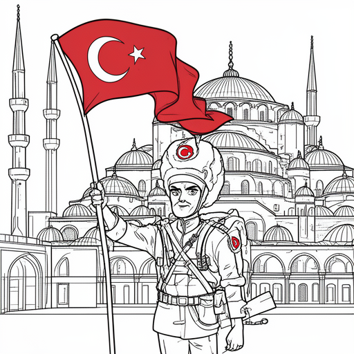 Turkse soldaat met Turkse vlag in zijn soldaten pak.  Aksa moskee achtergrond kleurplaat voor kinder
