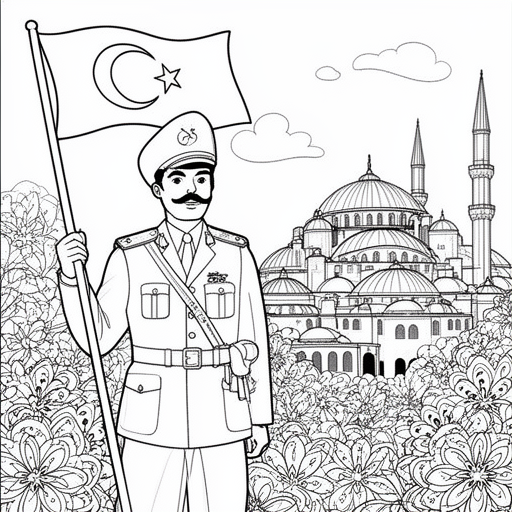 Turkse soldaat met Turkse vlag in zijn soldaten pak.  Aksa moskee achtergrond kleurplaat voor kinder