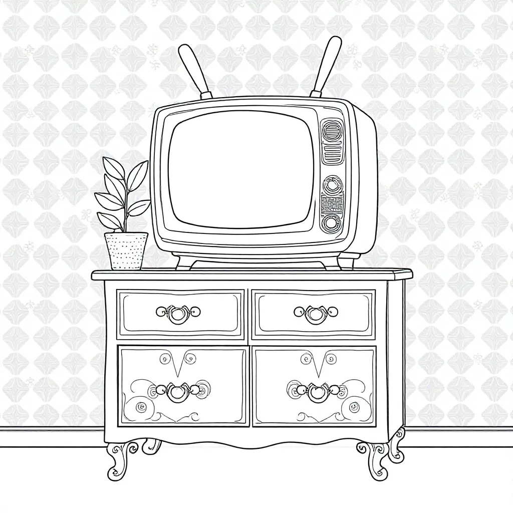 tv dressior kast met een tv en een plantje coloring page for children