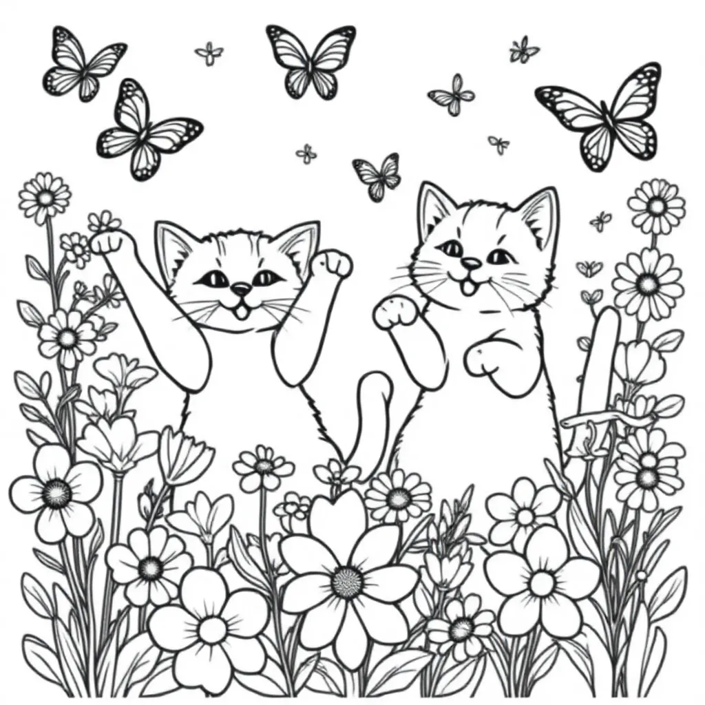 Twee Katten Spelend Tussen Bloemen Met Vlinders Realistisch coloring page for children