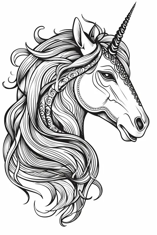 Unicorn Detailed Head coloring page for children