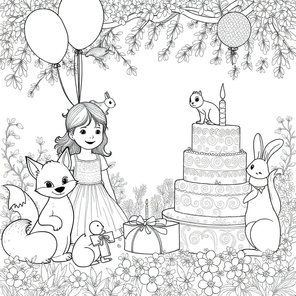 Verjaardag Dieren Meisje Taart Cadeau Ballonnen coloring page for children