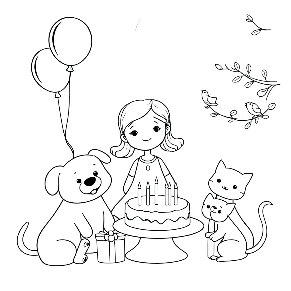 Verjaardag Meisje Dieren Ballonnen Taart Cadeau coloring page for children