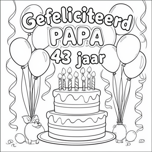 verjaardags taart 43 balonnen slingers kleurplaat voor kinderen