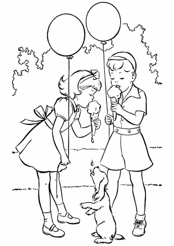 Vintage Meisjes Eten Ijsje coloring page for children