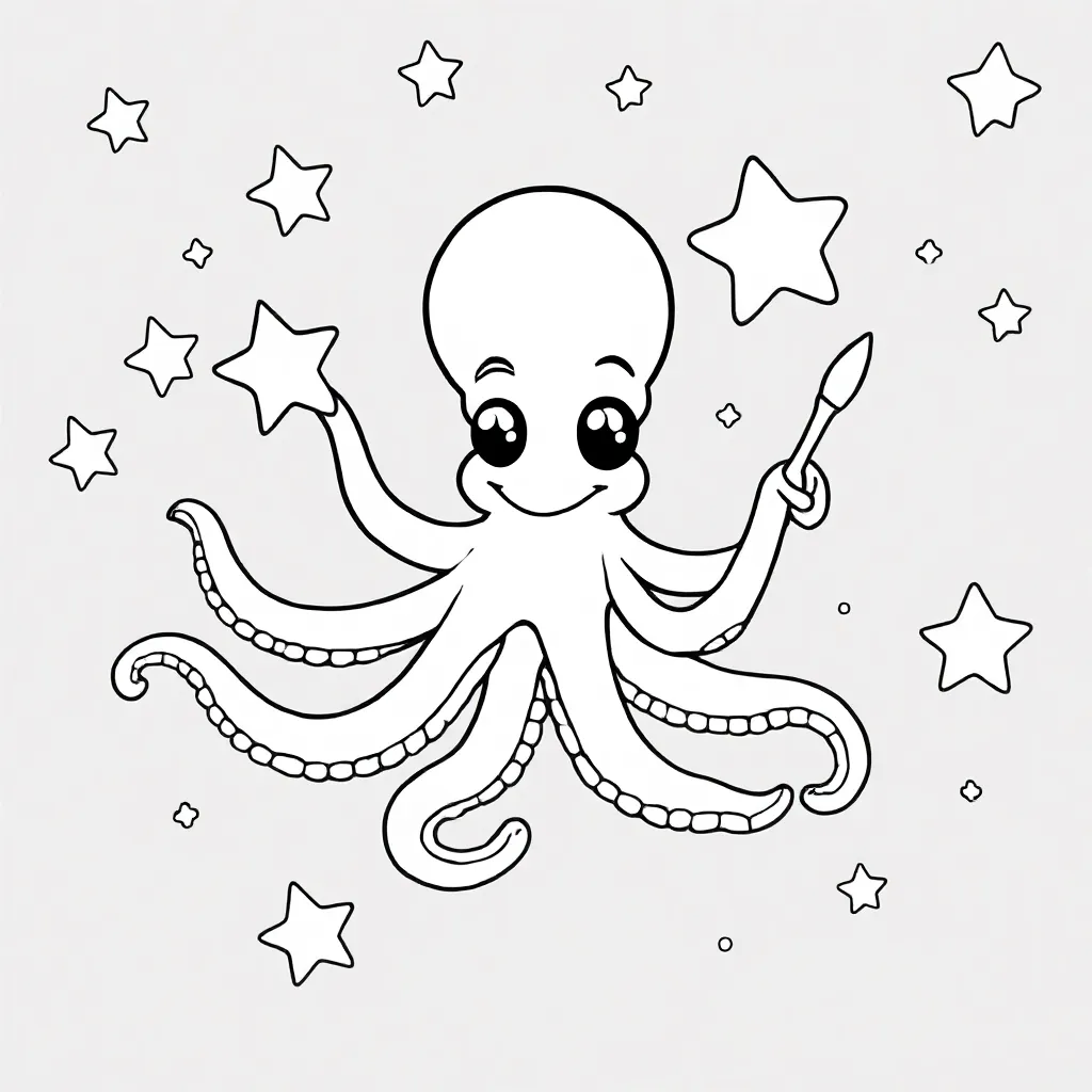 Vliegende inktvis schildert sterrenstelsels op de nachthemel. kleurplaat voor kinderen
