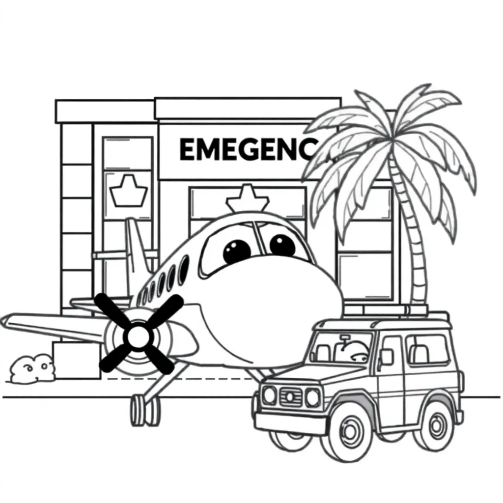 Vliegtuig Voertuig Ziekenhuis Avontuur Cartoon coloring page for children