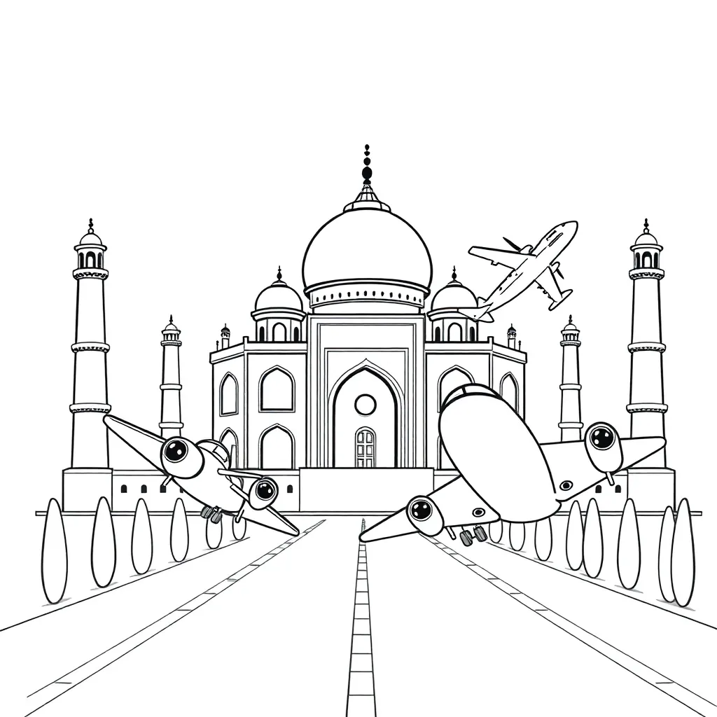 Vliegtuigen Taj Mahal India Avontuur Cartoon coloring page for children