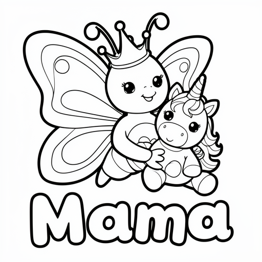 Vlinder met een kroon en een eenhoorn knuffel kleurplaat voor kinderen