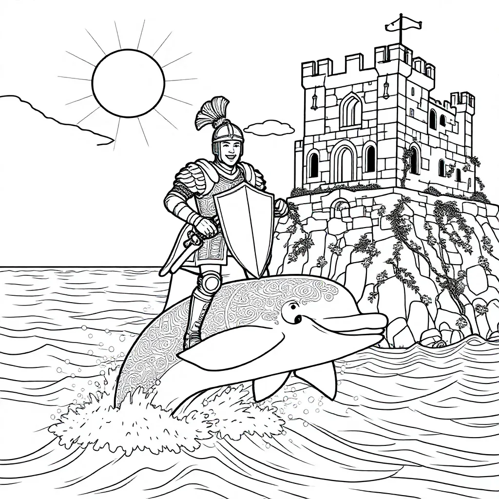 Vrolijke Ridder Surft Op Dolfijn Bij Zonnige Kasteelruine... coloring page for children