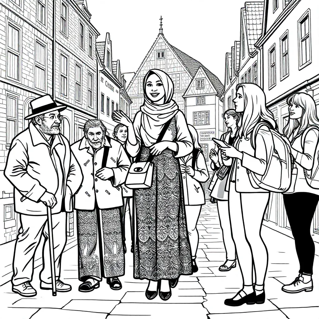 Vrouw Met Hoofddoek Geen Haar Zichtbaar Die Een Rondleidi... coloring page for children