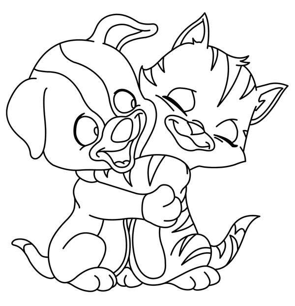 Welpe Umarmt Katze coloring page for children