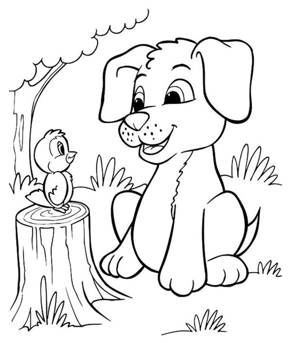 Welpe und Vogel auf Baum coloring page for children